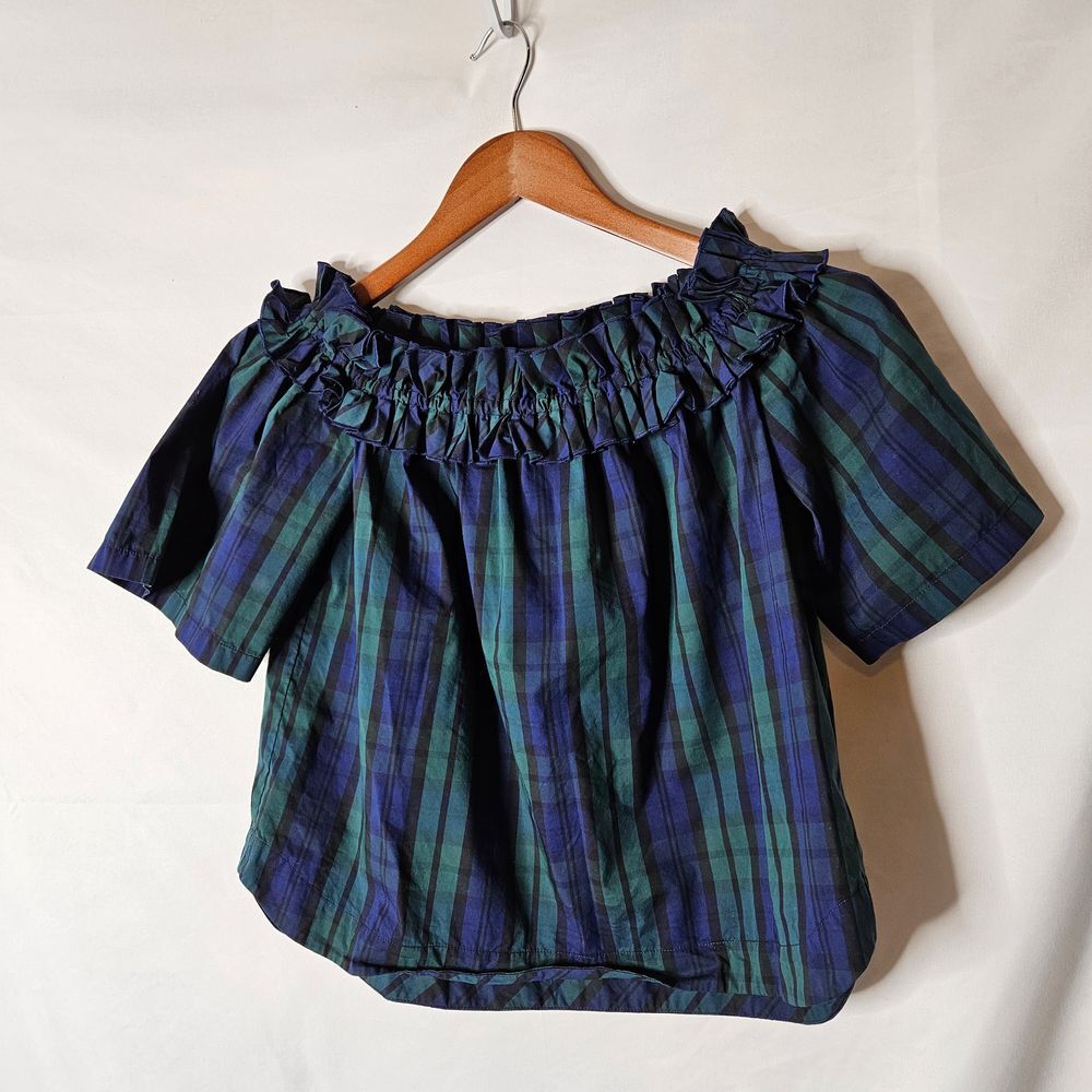 Vineyard Vines Blackwatch Tartan Plaid Off The Shoulder Poplin top sz S